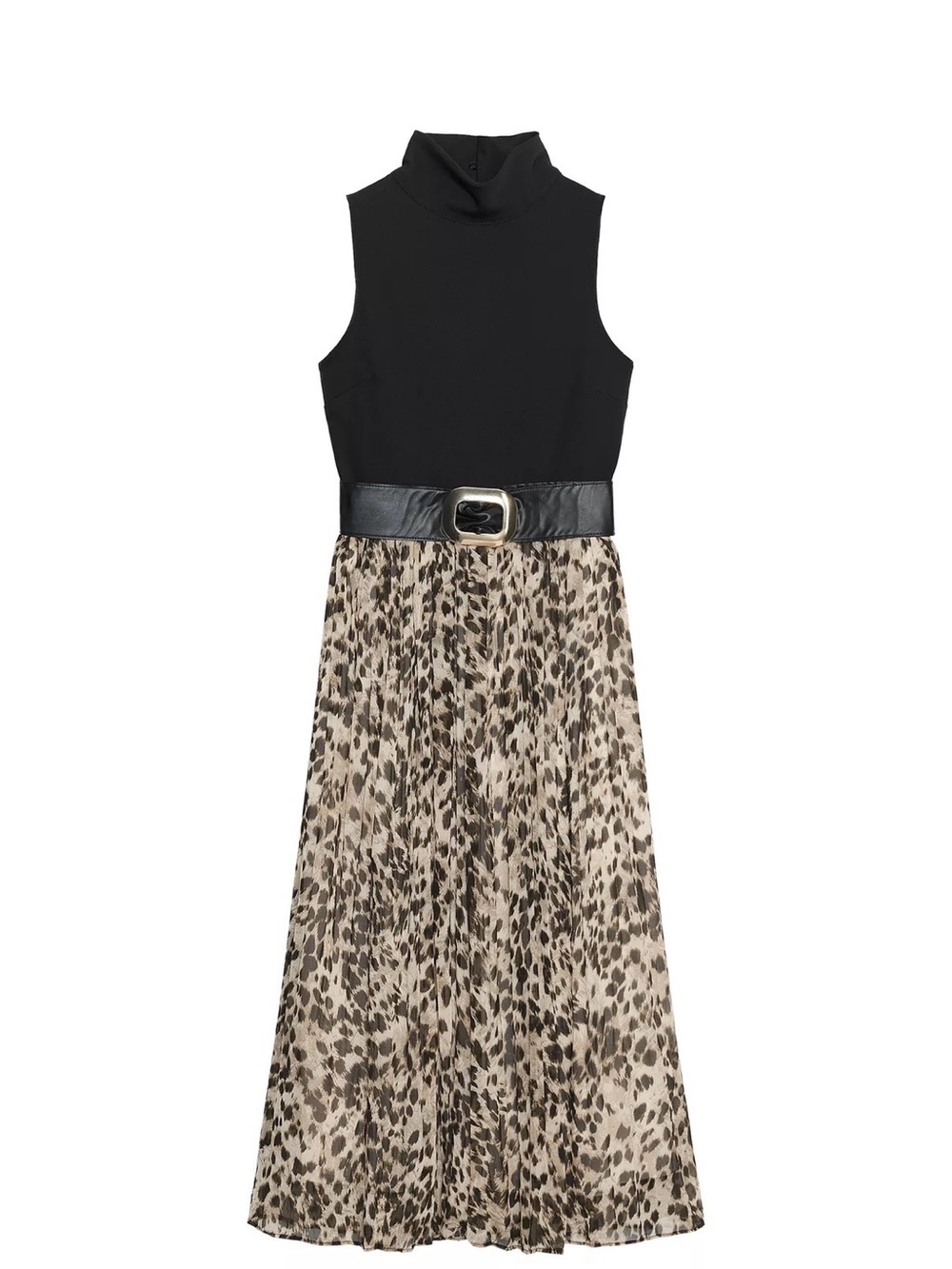 Zara Black & Leopard Midi Dress with Belt